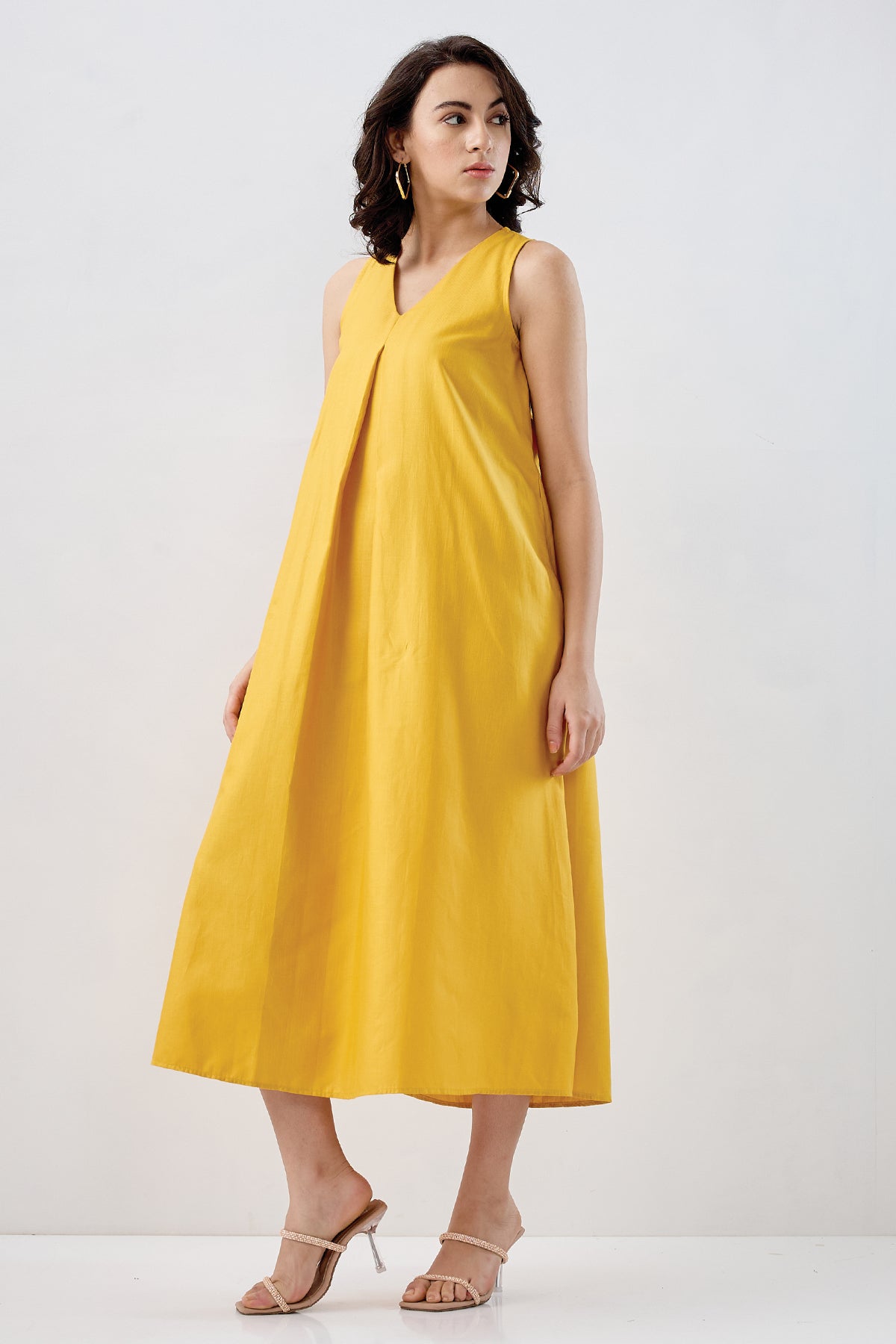 Mustard Box Pleat Cotton Dress