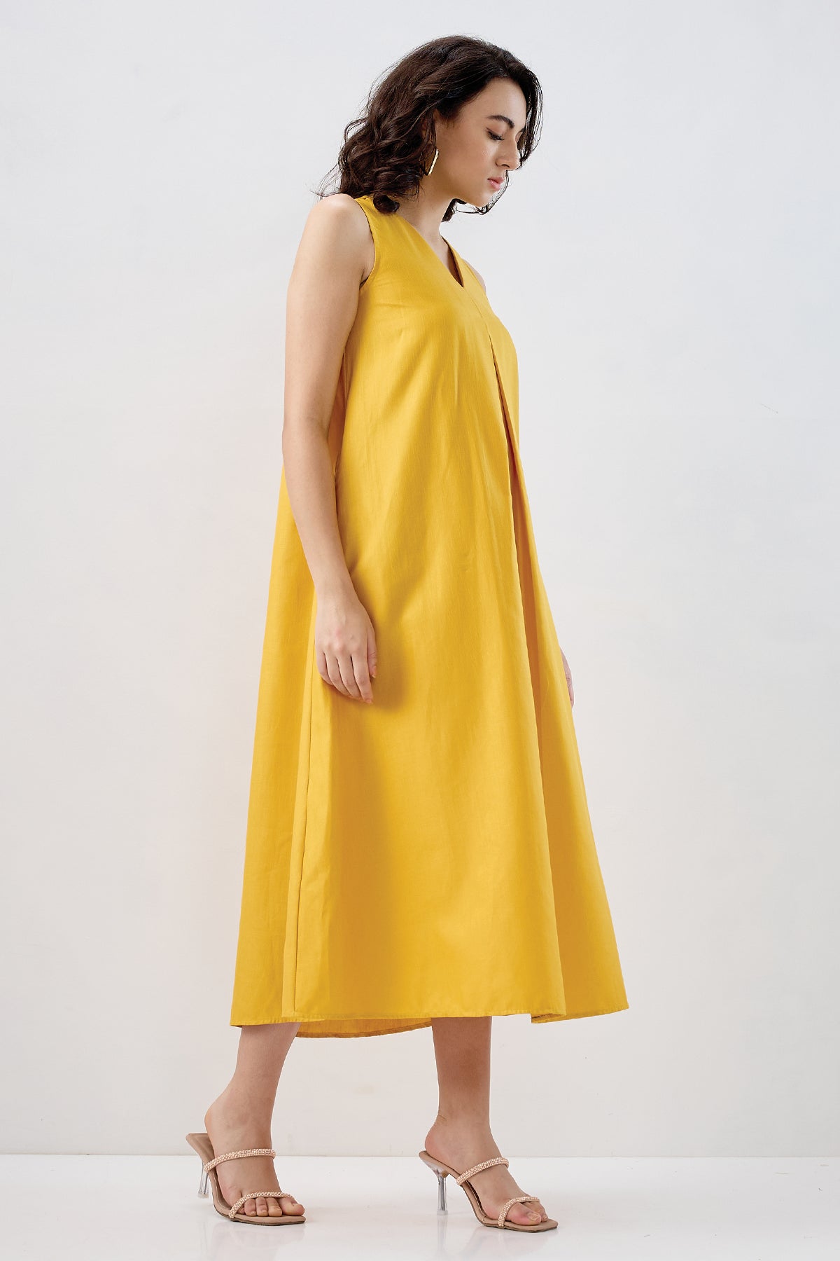 Mustard Box Pleat Cotton Dress