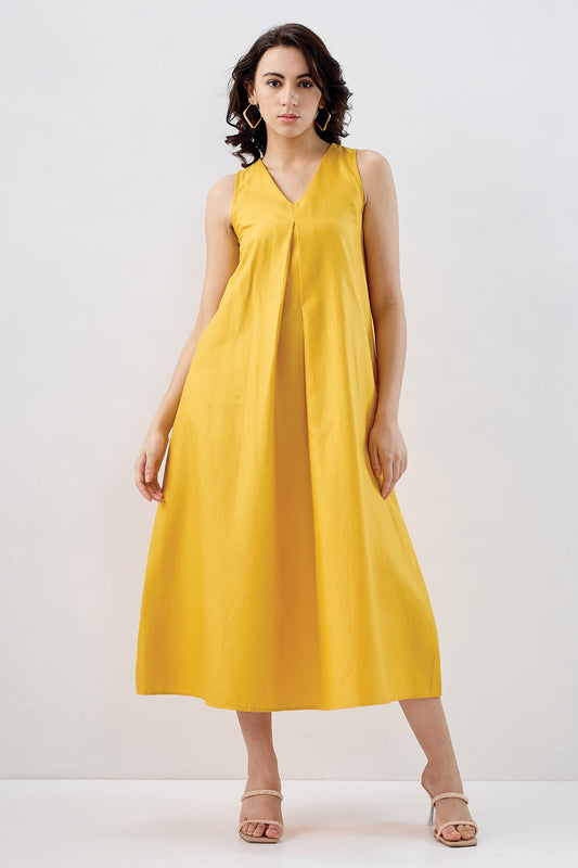 Mustard Box Pleat Cotton Dress