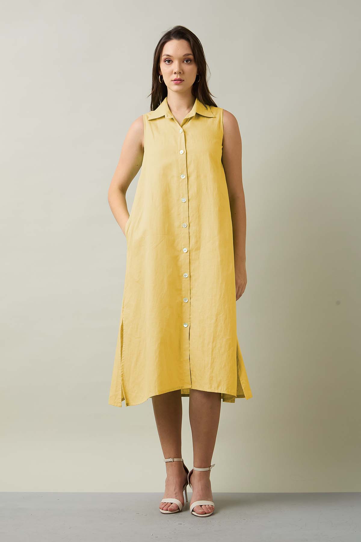 Mustard Sleeveless Shirt Dress