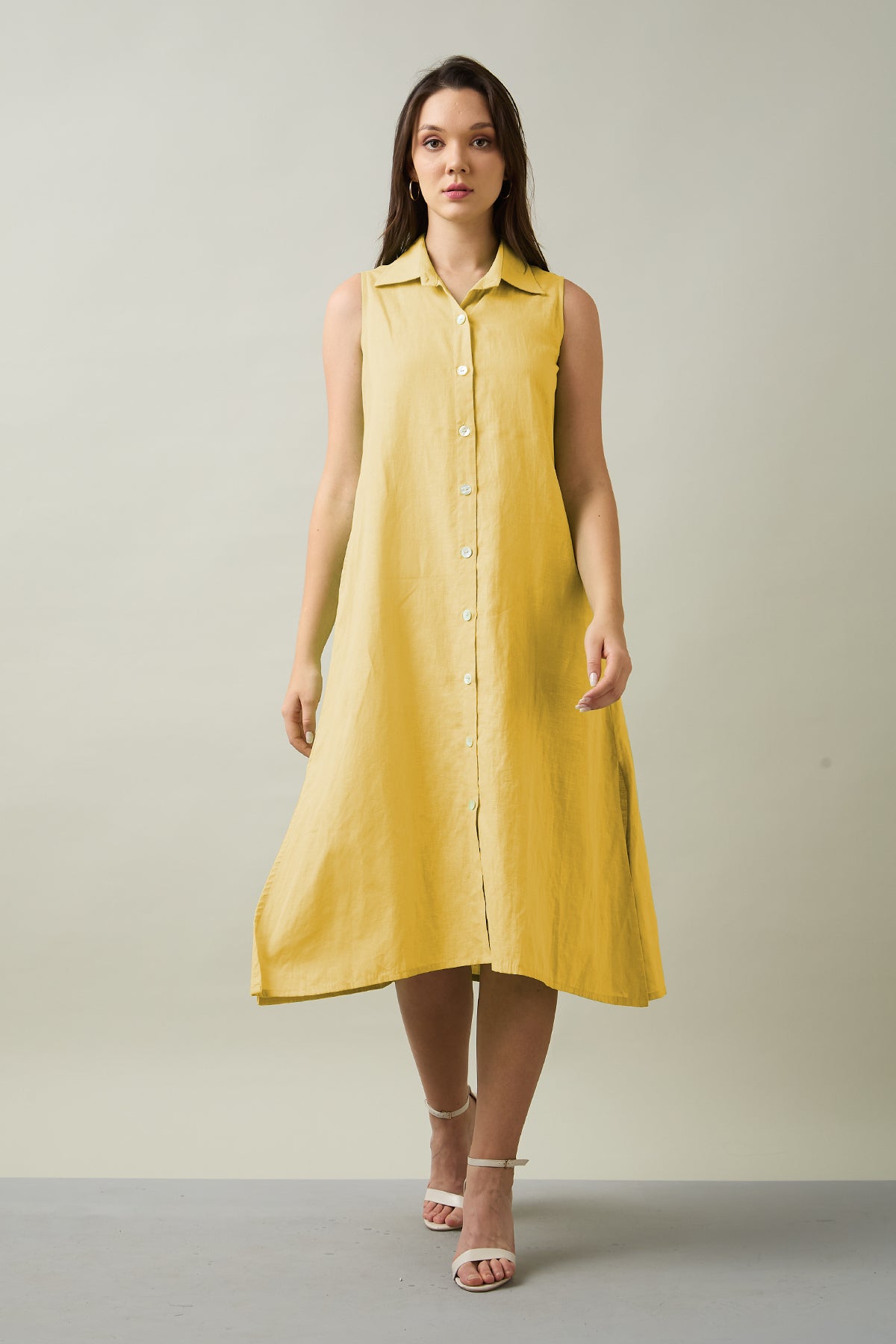 Buy Mustard Sleeveless Shirt Dress by SNEHA B