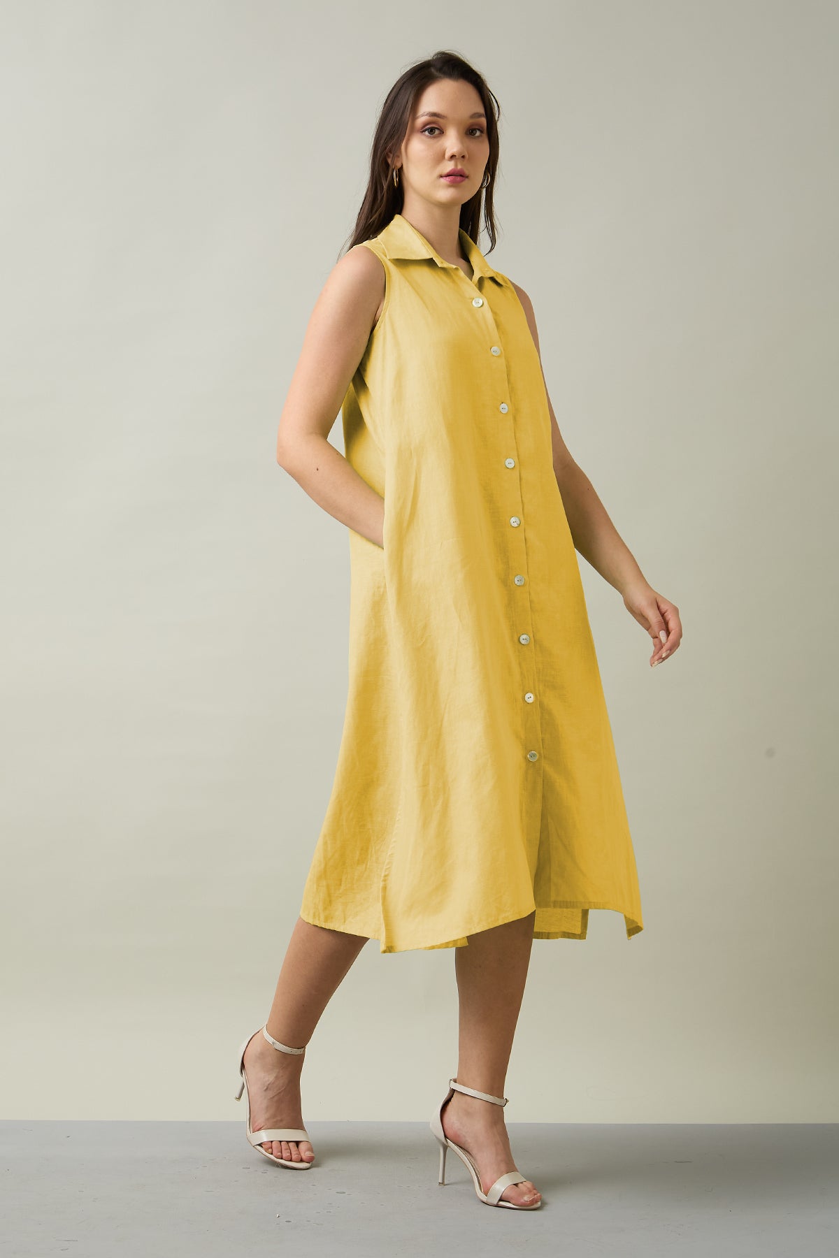 Mustard Sleeveless Shirt Dress