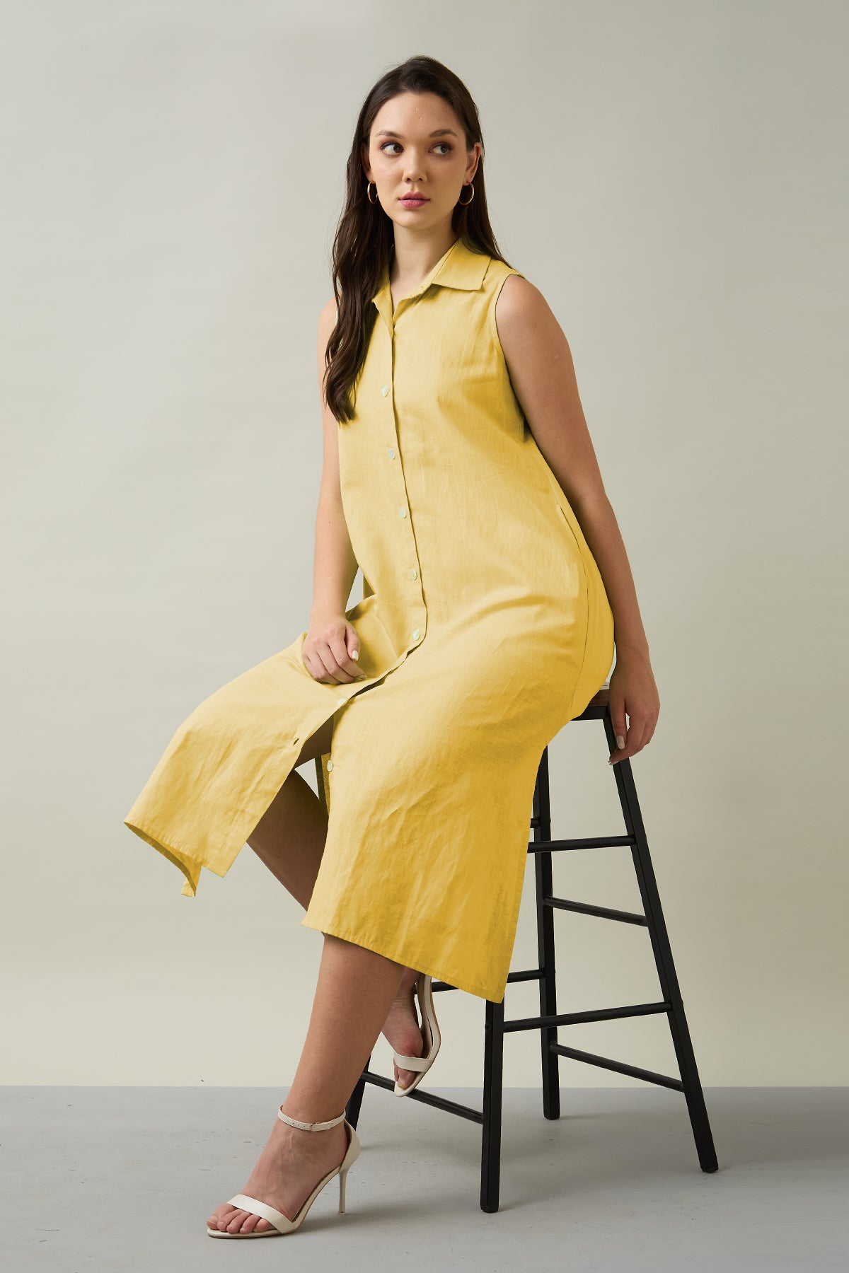 Mustard Sleeveless Shirt Dress