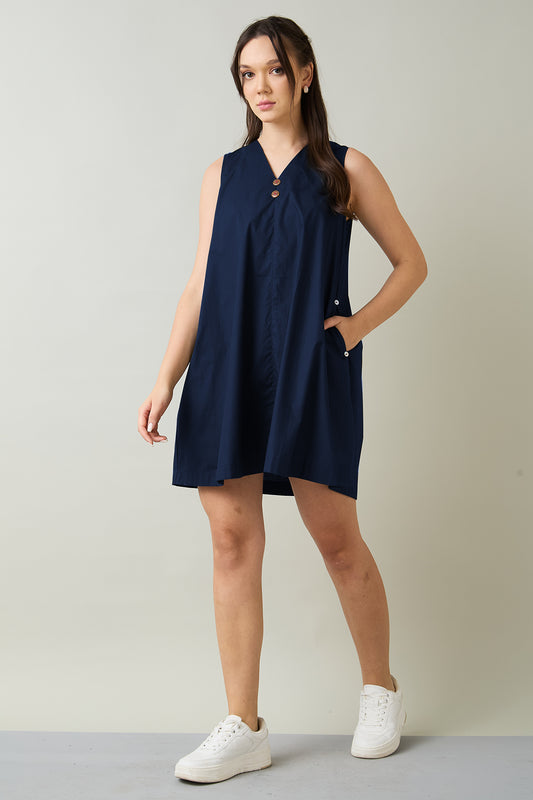 Navy Cotton Sleeveless Dress
