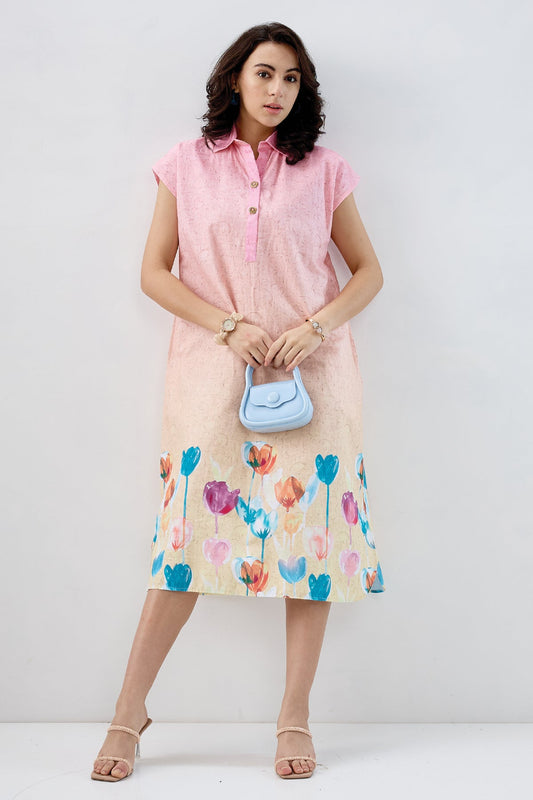 Ombre Tulip Print Cotton Dress