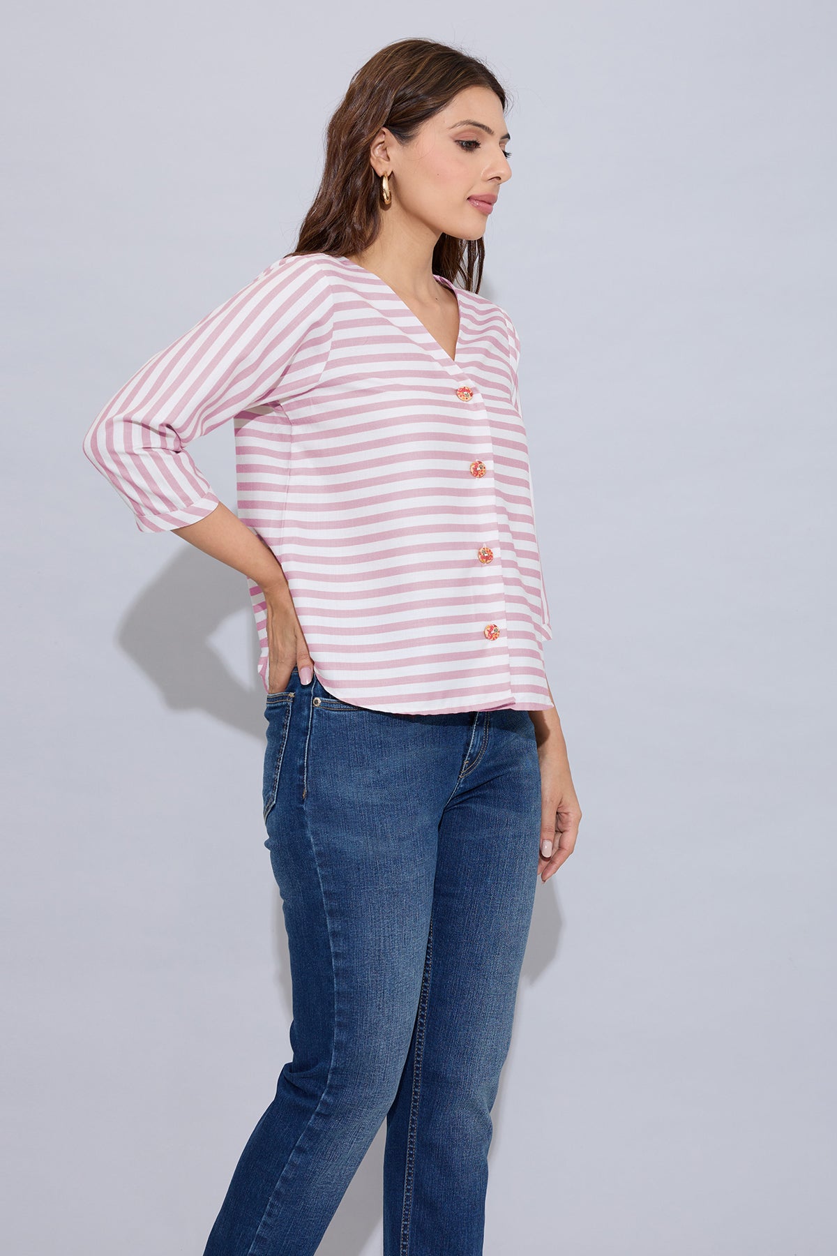 Onion Stripe Button Cotton Top