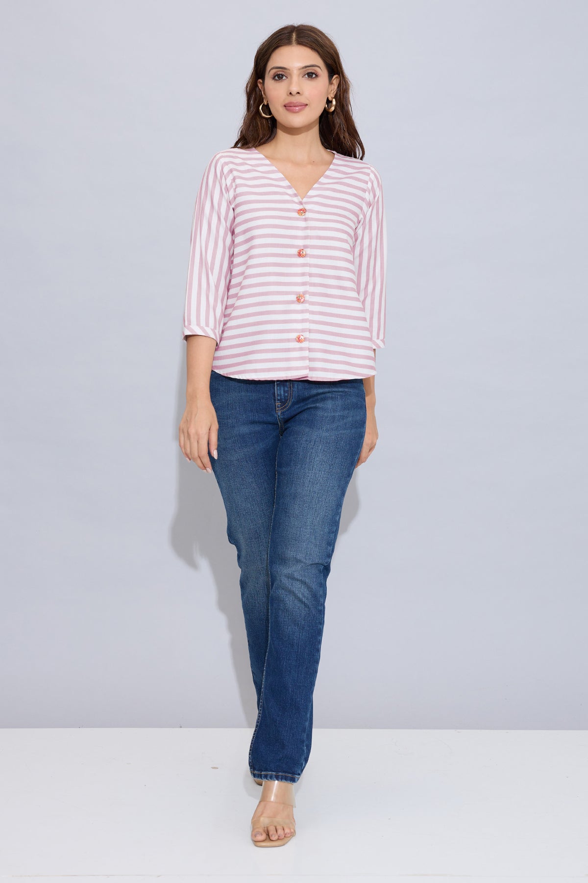 Onion Stripe Button Cotton Top