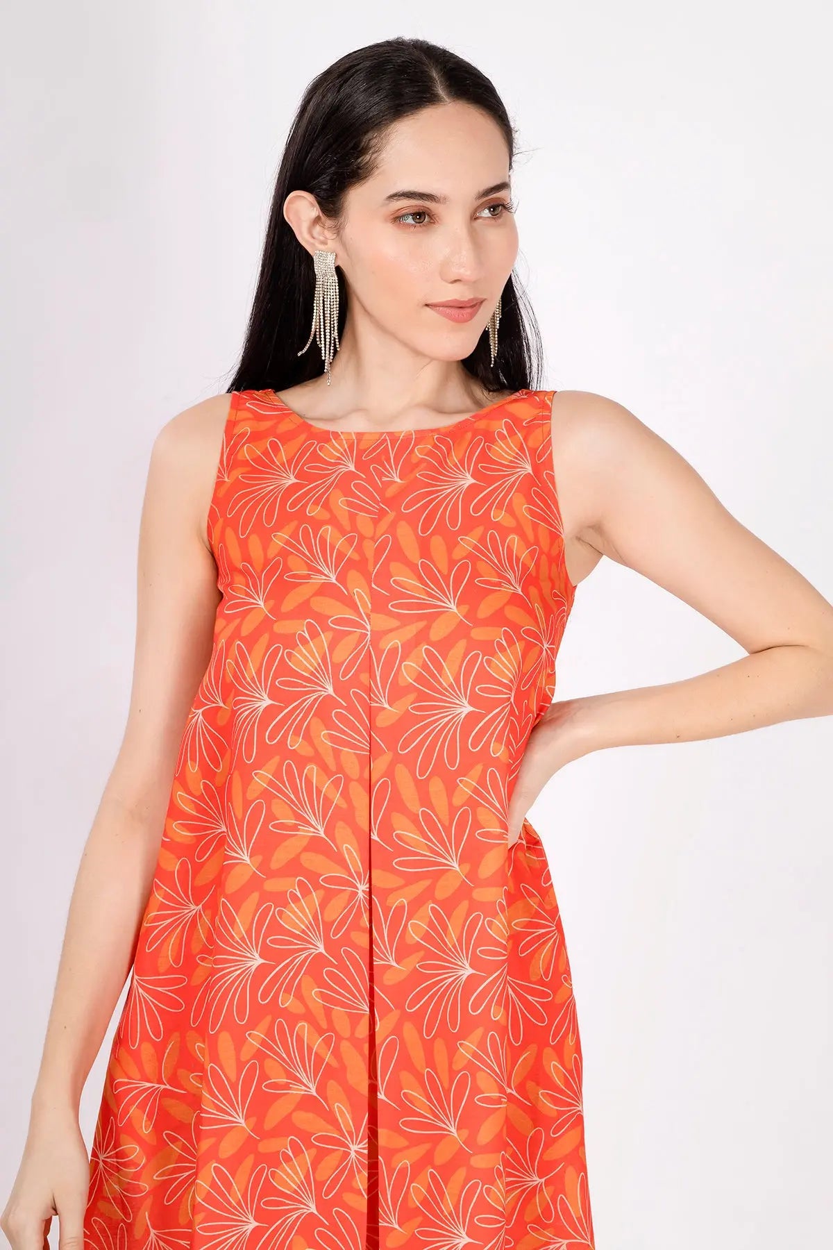Orange Linen Print Midi Dress SNEHA B