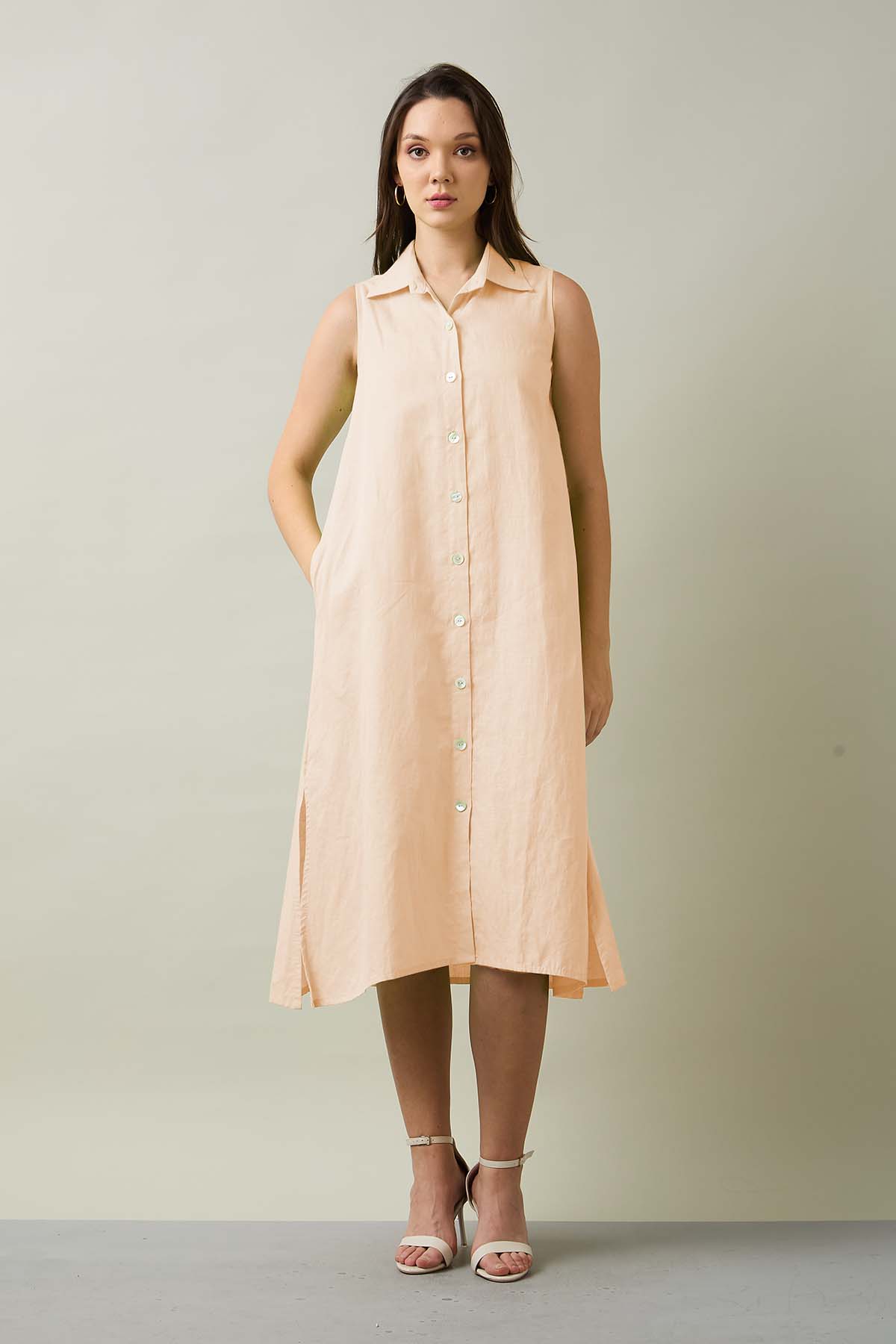 Peach Sleeveless Shirt Dress
