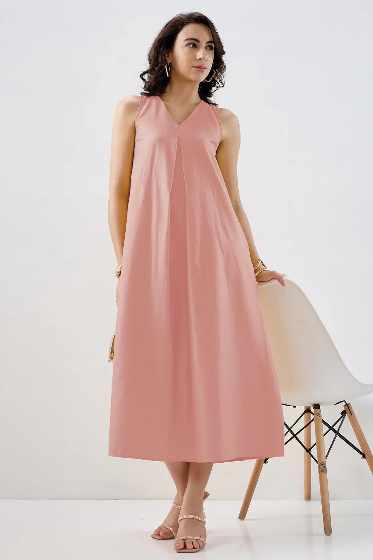 Shop Pink Box Pleated Cotton Dress by SNEHA B Pink / L