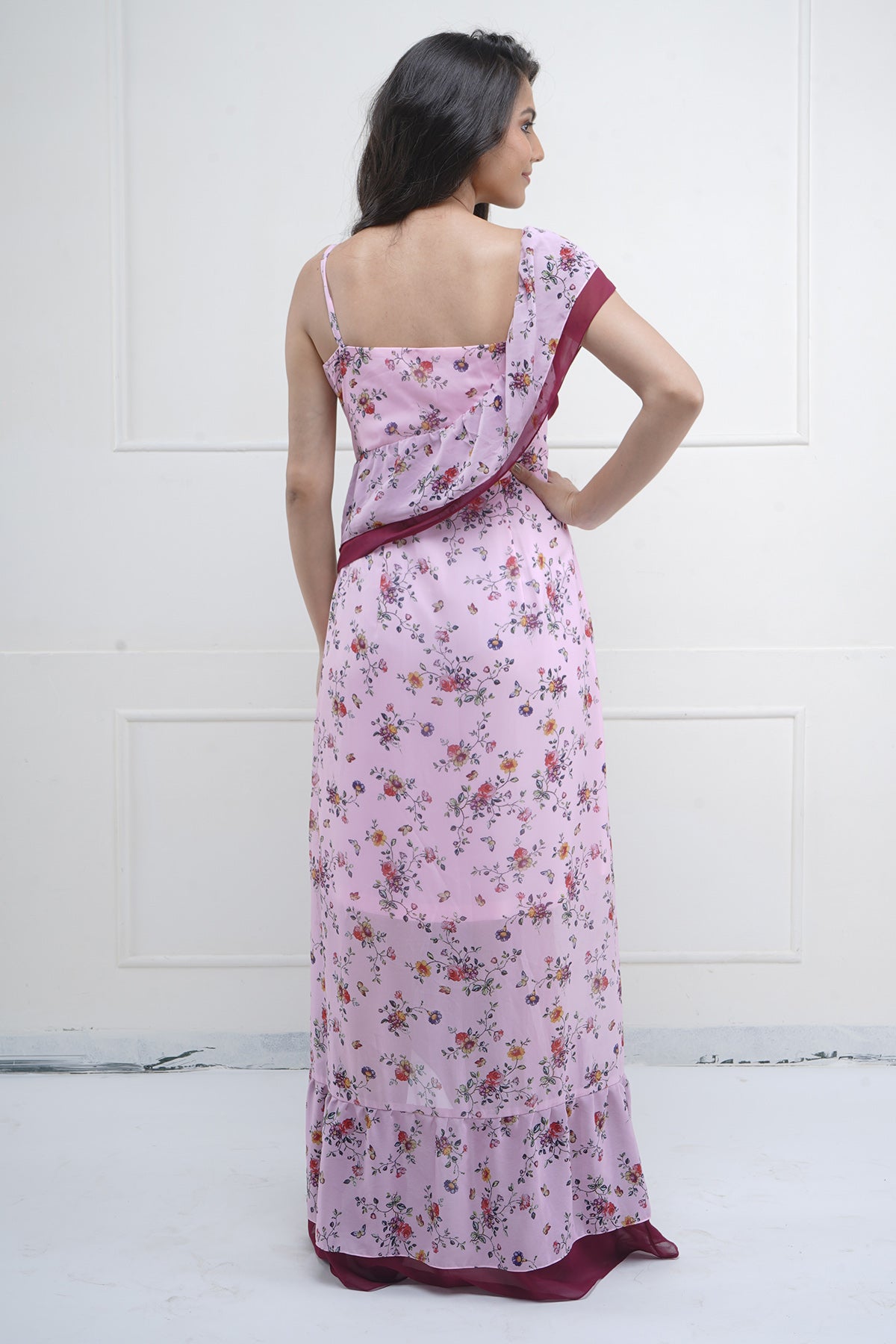 Pink Maroon Ruffle Print Dress