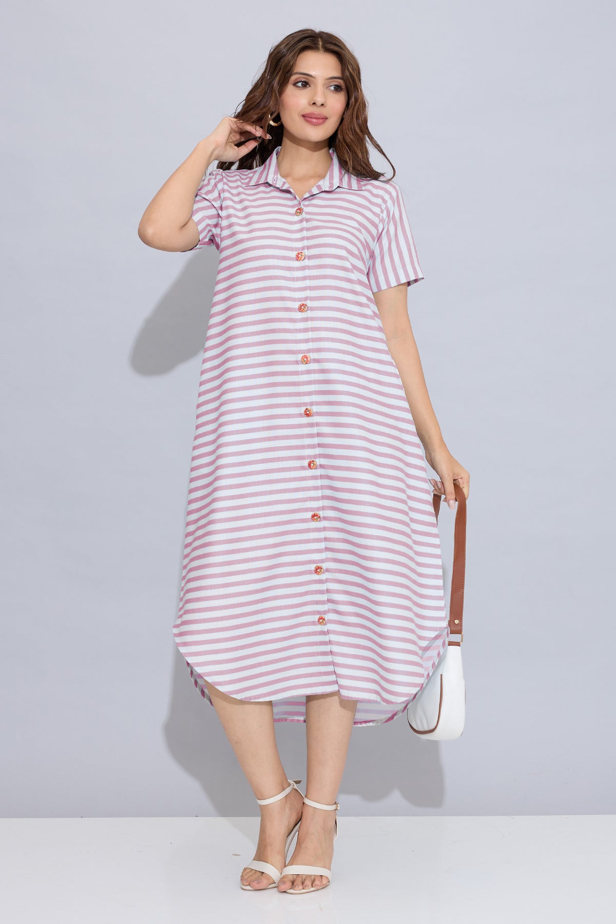 Pink Stripe Cotton Shirt Dress