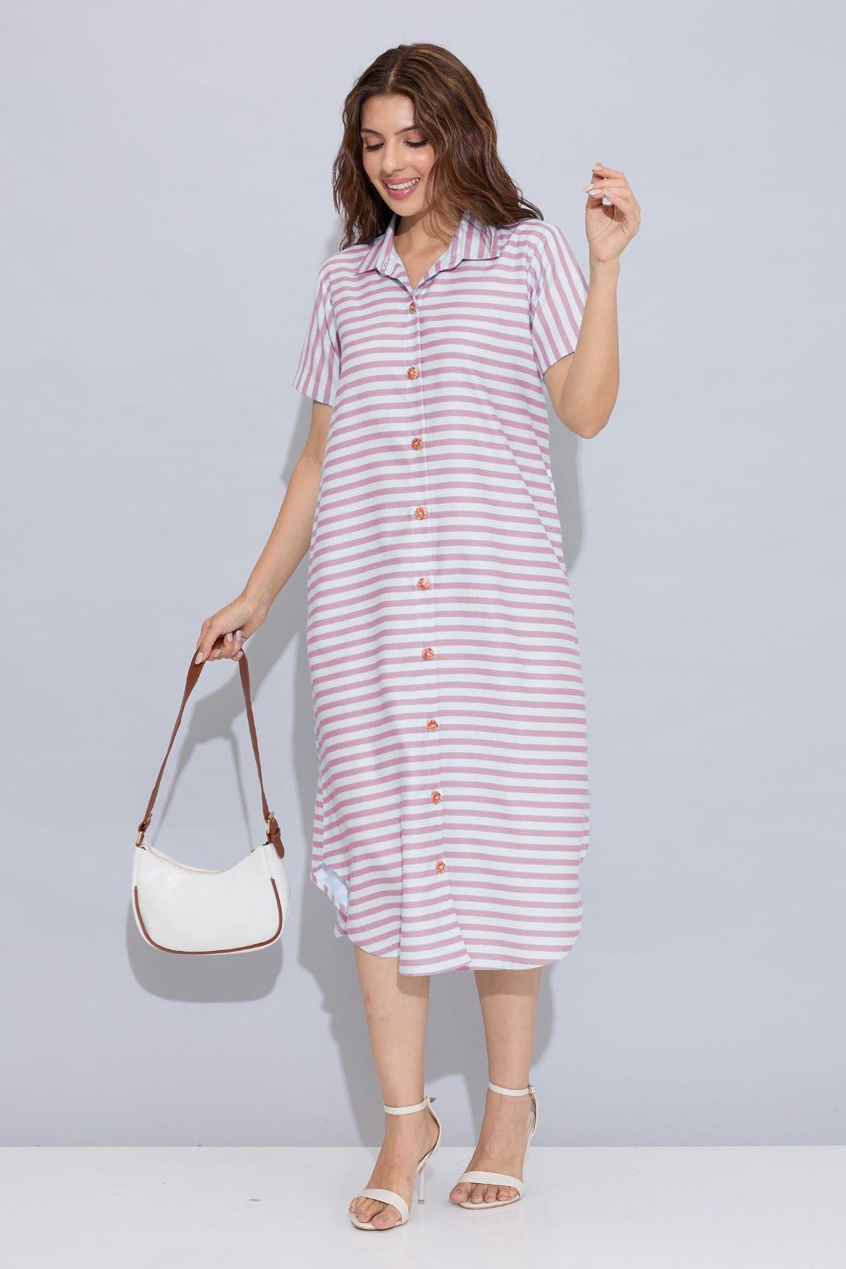 Buy Pink Stripe Cotton Shirt Dress by SNEHA B