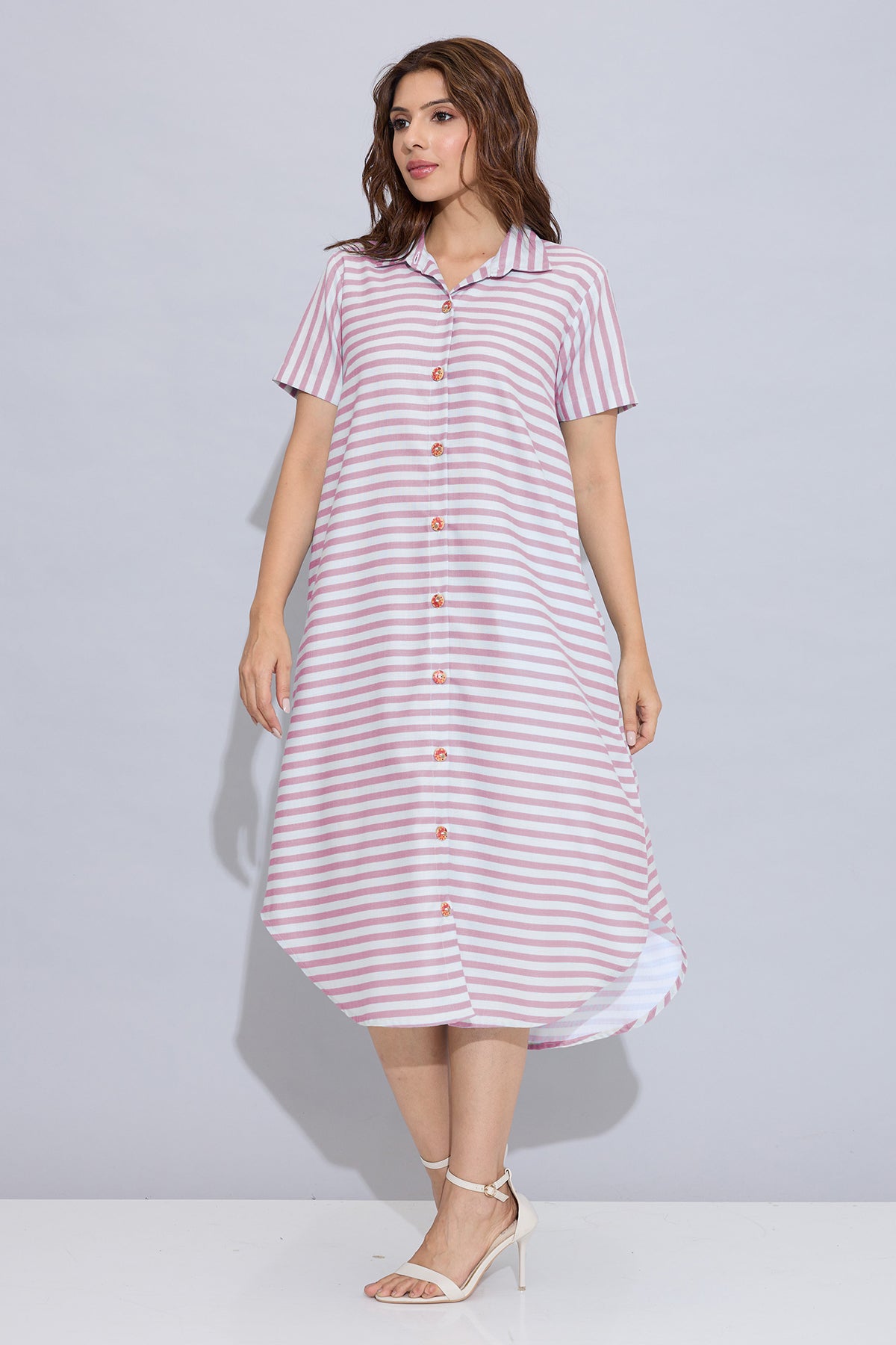 Pink Stripe Cotton Shirt Dress