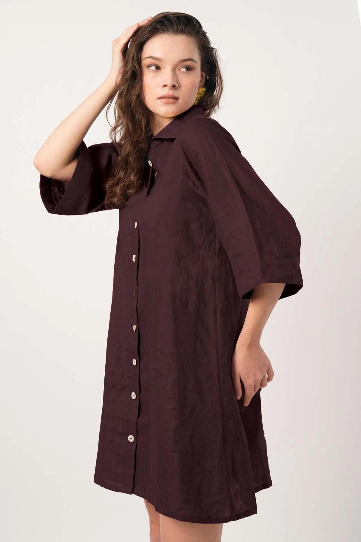 Plum Cotton Linen Shirt Dress SNEHA B