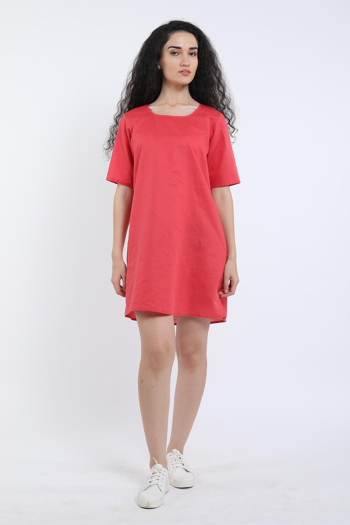 Red Cotton Linen Loose Dress