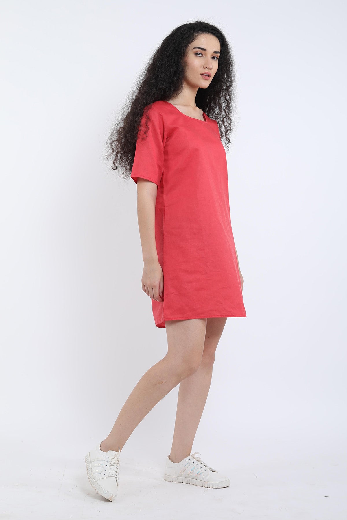 Red Cotton Linen Loose Dress