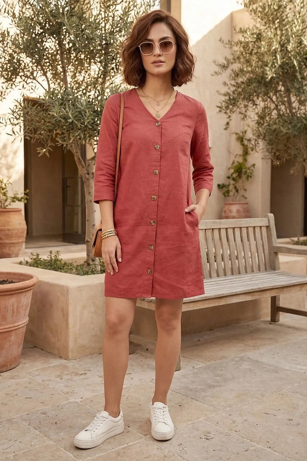 Buy Red Cotton Linen Mini Dress For Women by SNEHA B