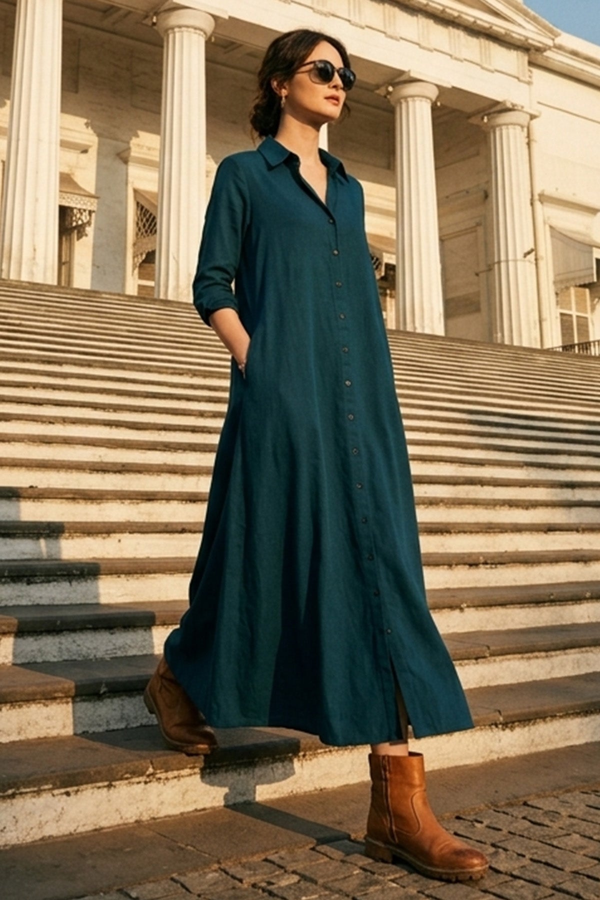 Shop Teal Cotton Maxi Shirt Dress for women by SNEHA B Blue / 3XL Shop Teal Cotton Maxi Shirt Dress for women by SNEHA B Blue / 3XL