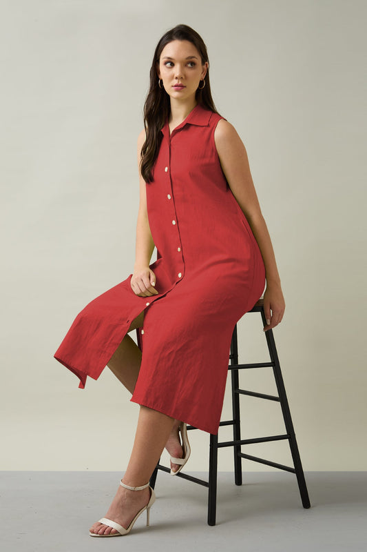 Buy Tomato Sleeveless Shirt Dress by SNEHA B