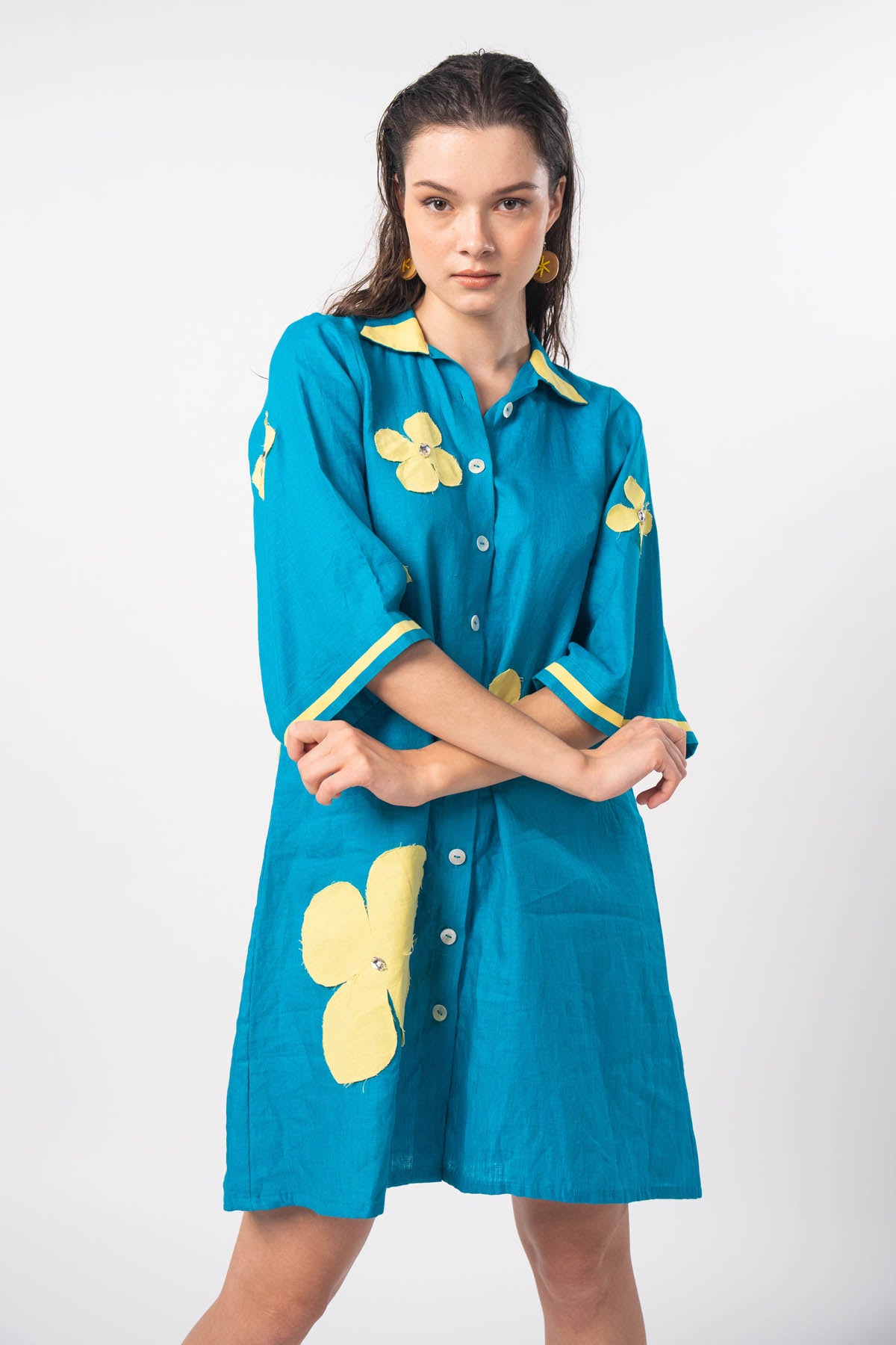 Turquoise Patchwork Shirt Dress