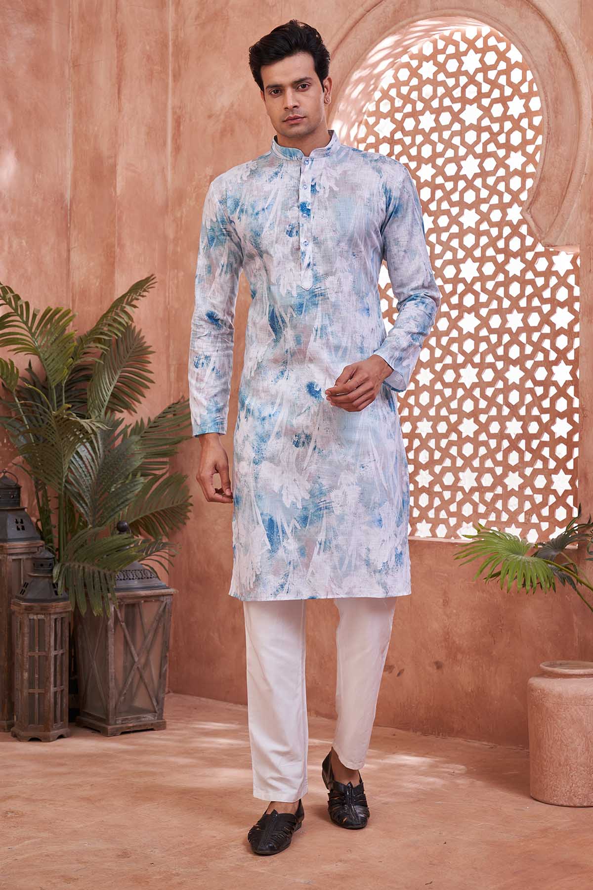 White Blue Printed Cotton Kurta