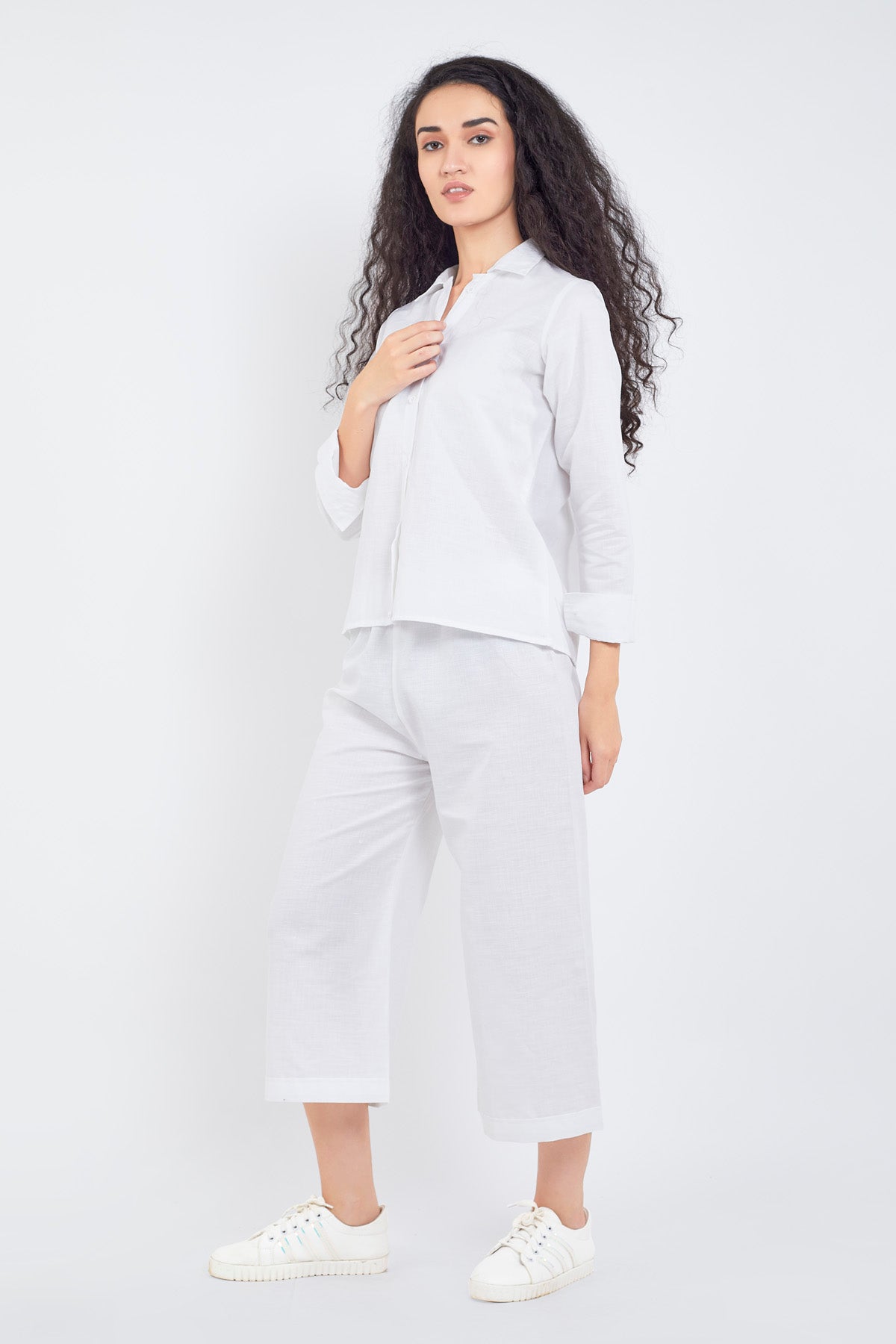 White Cotton Linen Collar Shirt
