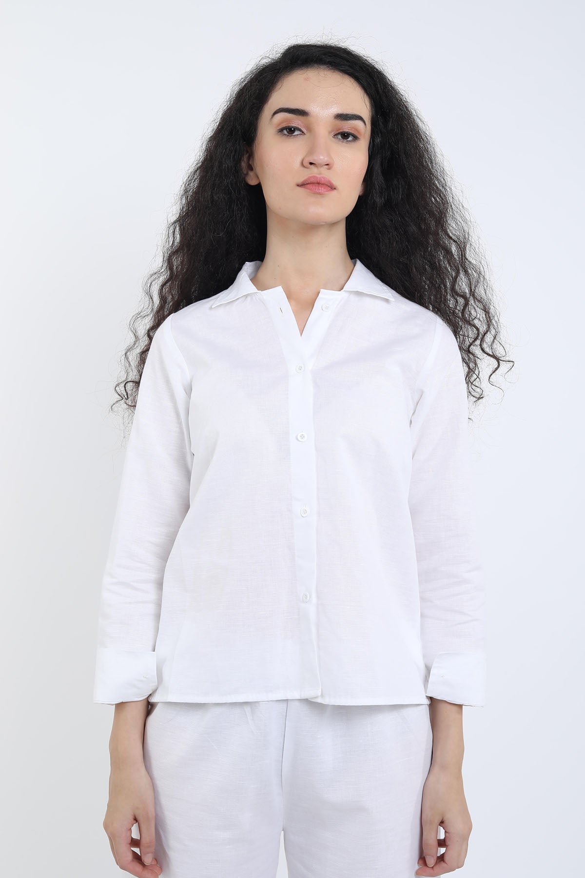 White Cotton Linen Collar Shirt