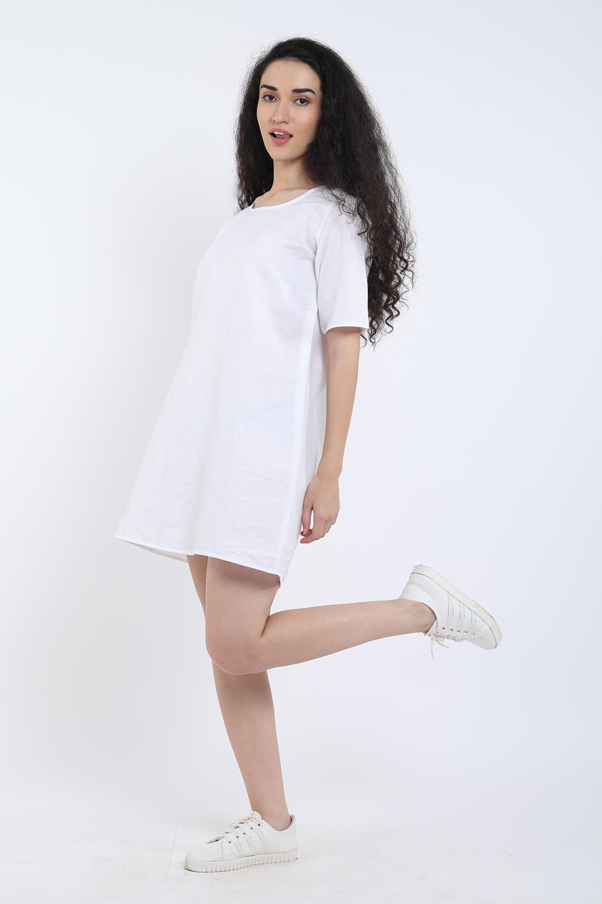 White Cotton Linen Loose Dress