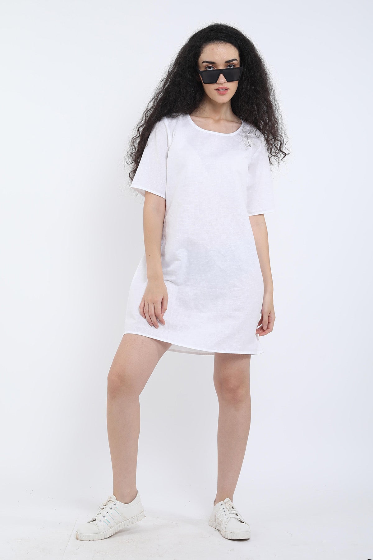 White Cotton Linen Loose Dress