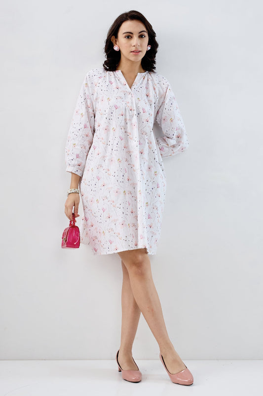White Floral Cotton Mini Dress