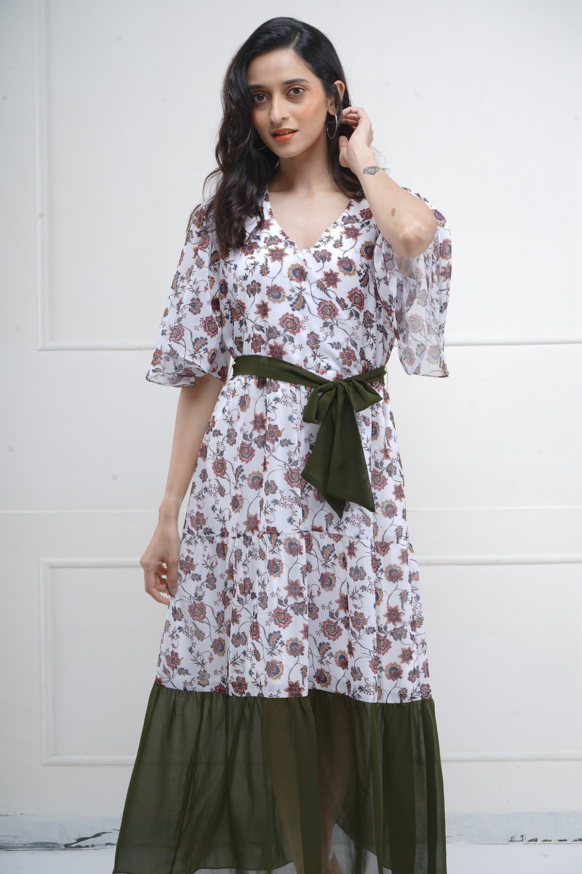 White Printed Color Block Dress