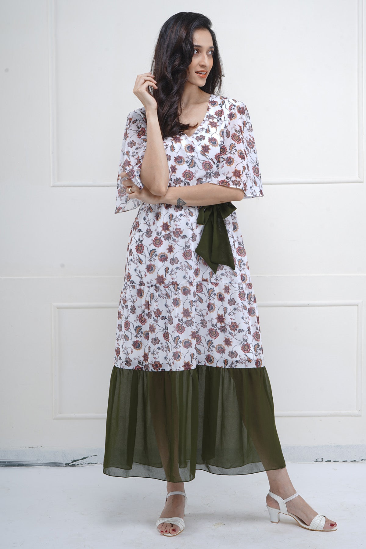 White Printed Color Block Dress