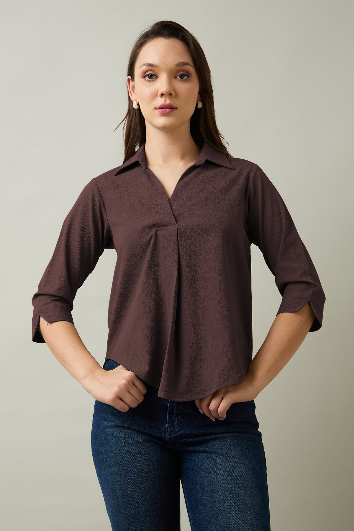 Wine Box Pleated Collared Top