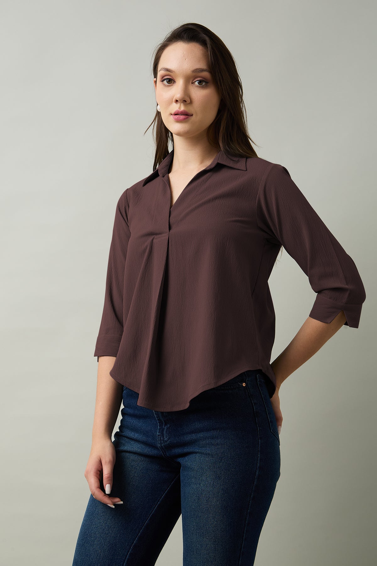 Wine Box Pleated Collared Top