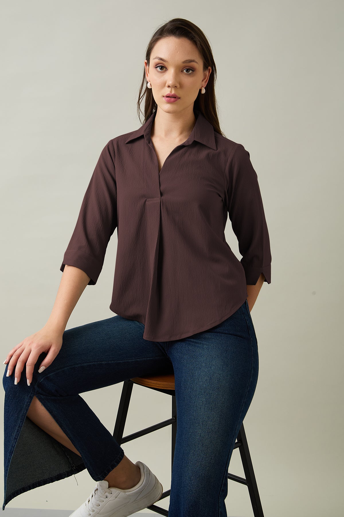 Buy Wine Box Pleated Collared Top by SNEHA B