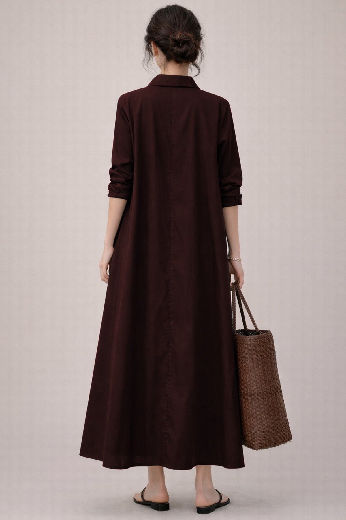 Wine Cotton Maxi Shirt Dress