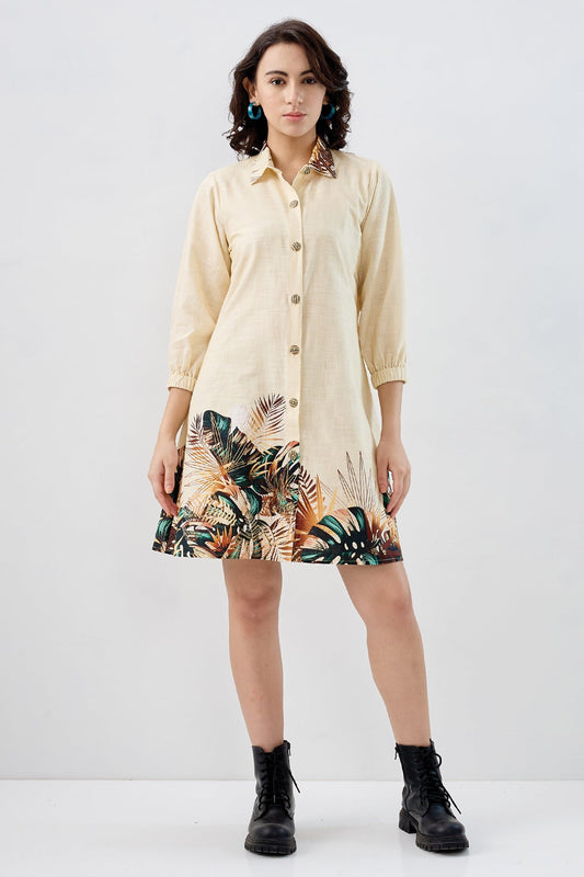 Yellow Leaf Cotton Shirt Dress