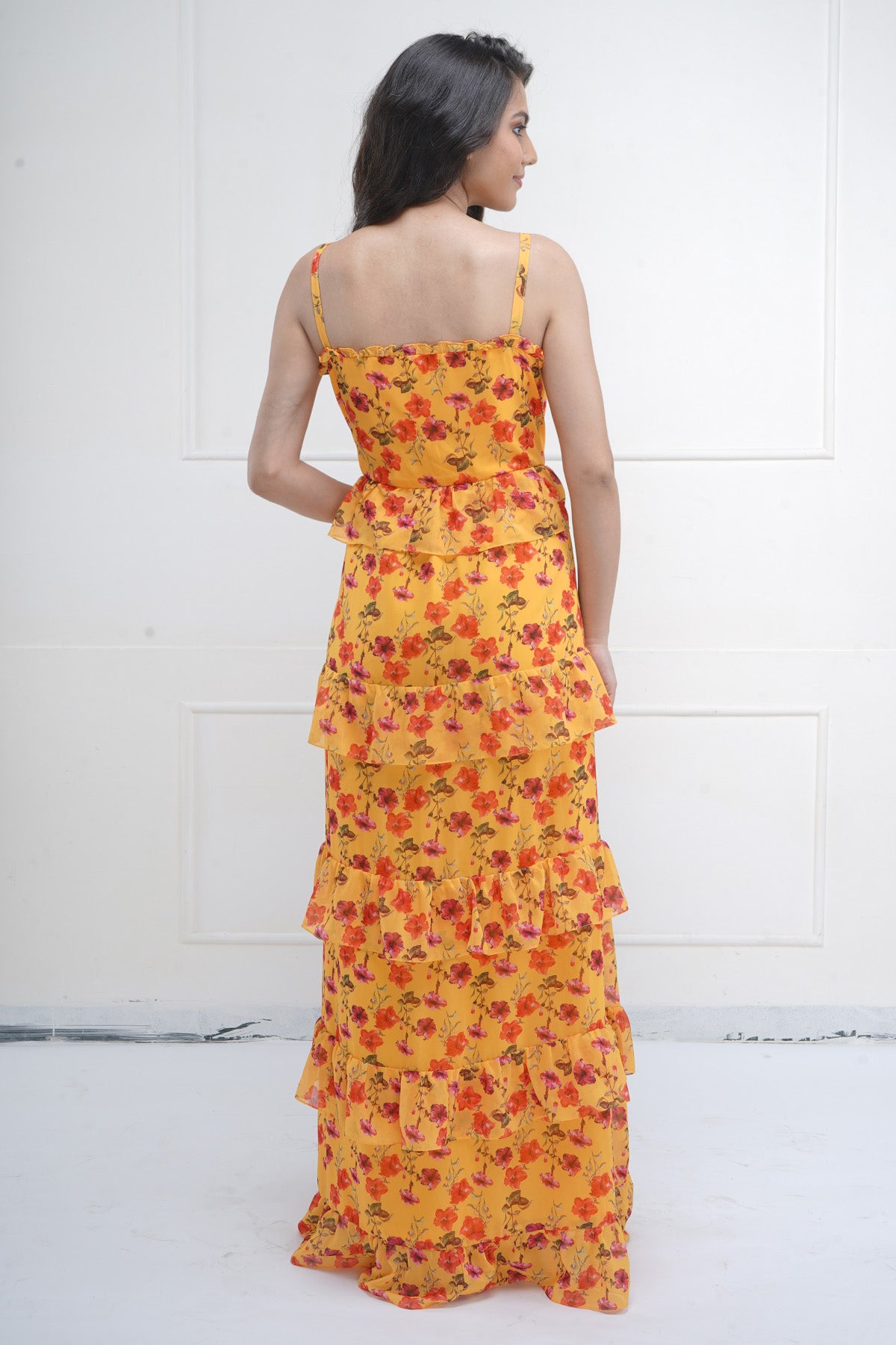 Yellow Print Tiered Maxi Dress