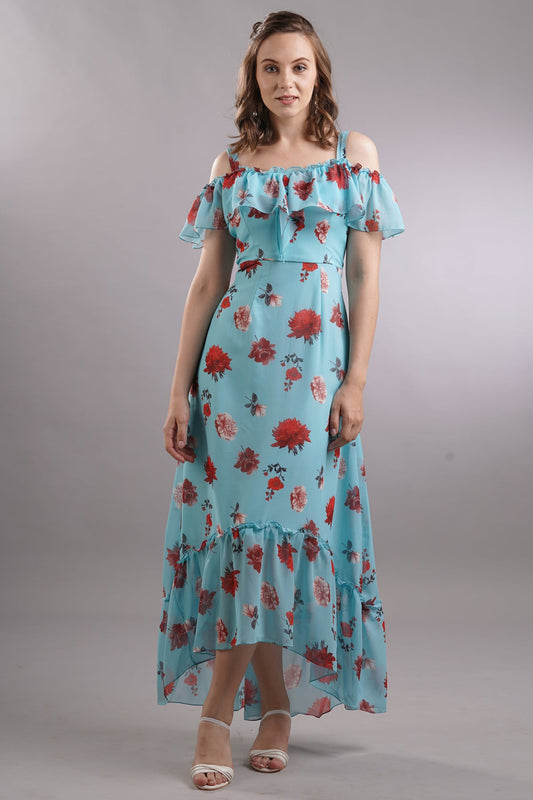 Cold Shoulder Ruffled Floral Dress