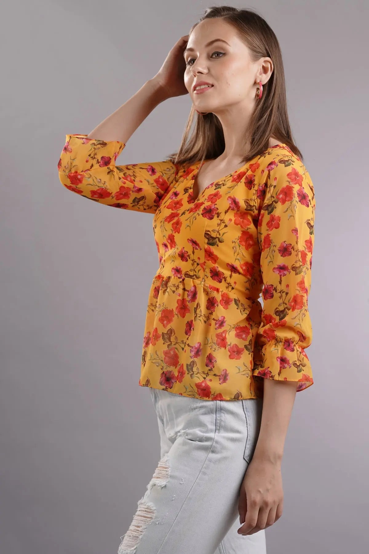 Floral Ruffled 3/4th Sleeves Top SNEHA B