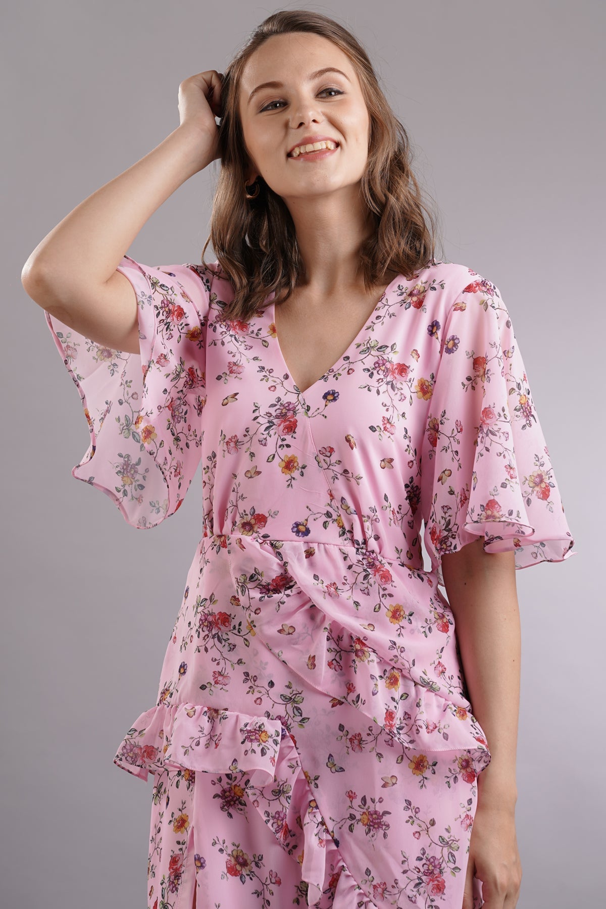 Floral Ruffled Slit Midi Dress