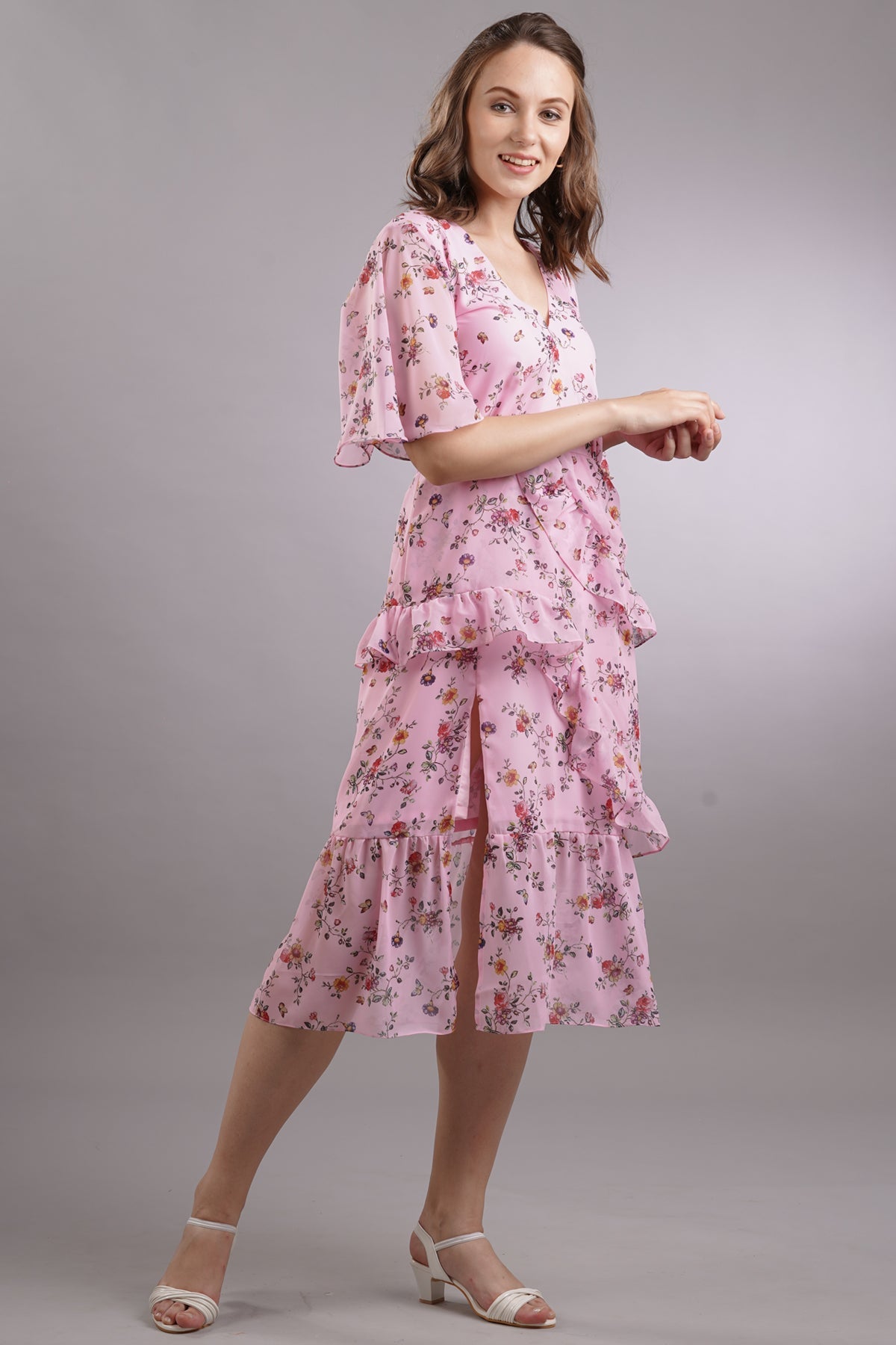 Floral Ruffled Slit Midi Dress