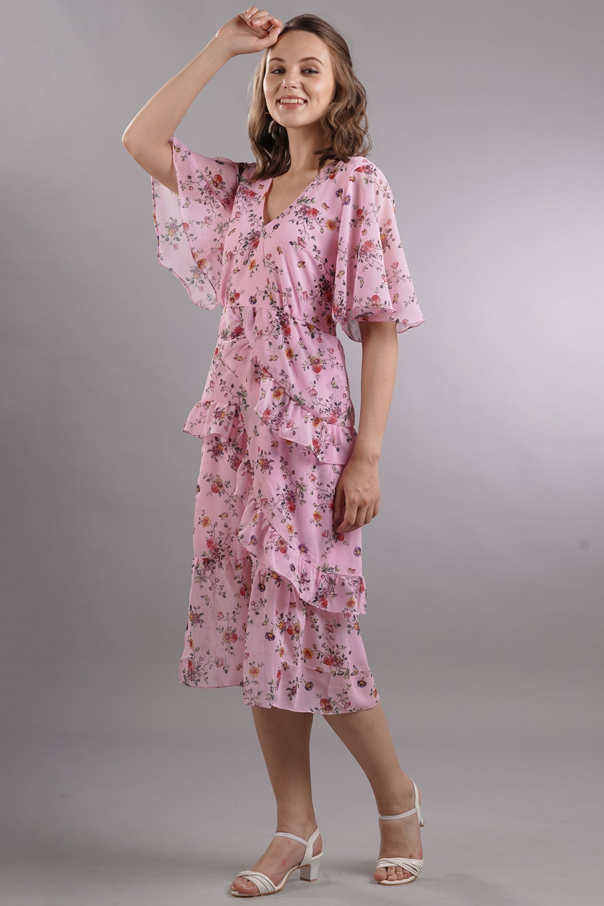 Floral Ruffled Slit Midi Dress