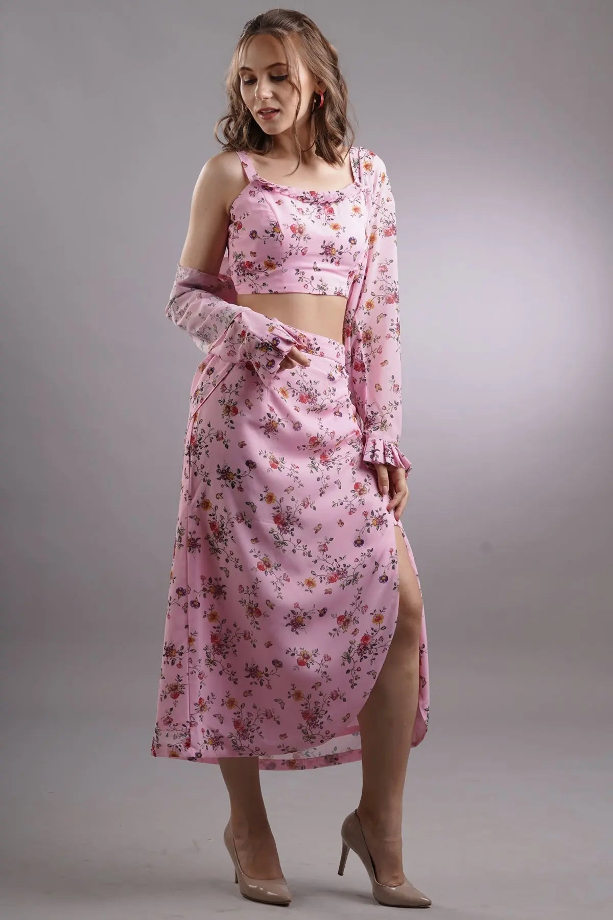 Ruched Skirt With Crop Top & Jacket SNEHA B