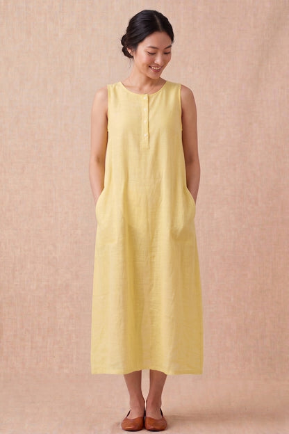 Yellow Cotton Linen Midi Dress