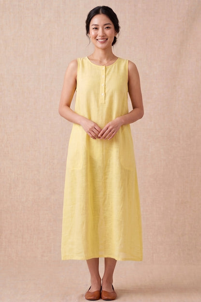 Yellow Cotton Linen Midi Dress