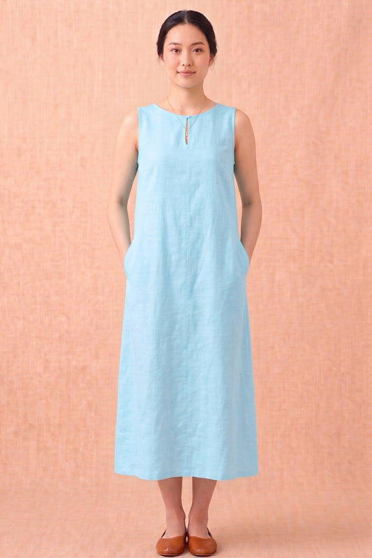 Sky Blue Linen Blend Midi Dress