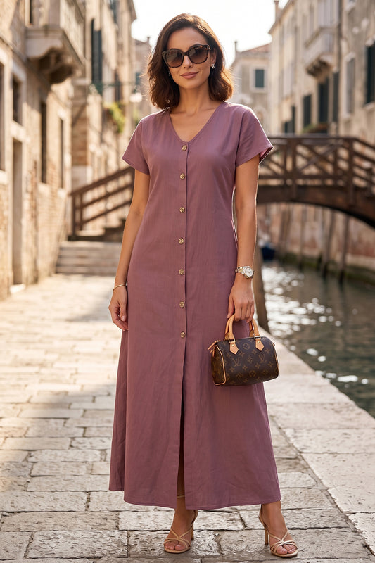 Aubergine Cotton Button Dress