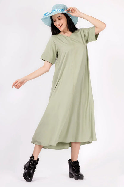 Shop Bamboo Cotton Sage Flare Dress by SNEHA B